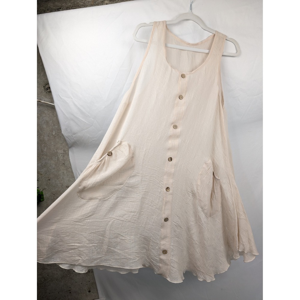 Lagenlook Button Pockets Midi Dress Size M Tan Textured Boho Cottagecore Coastal - Picture 3 of 9